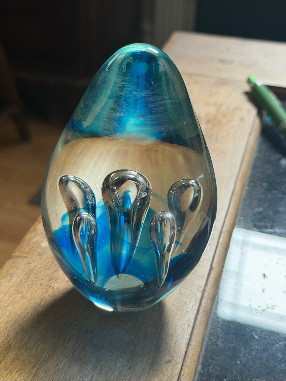 Cobalt Blue Clear Art Glass Blown Paperweight Long Bubbles Teardrop Egg
